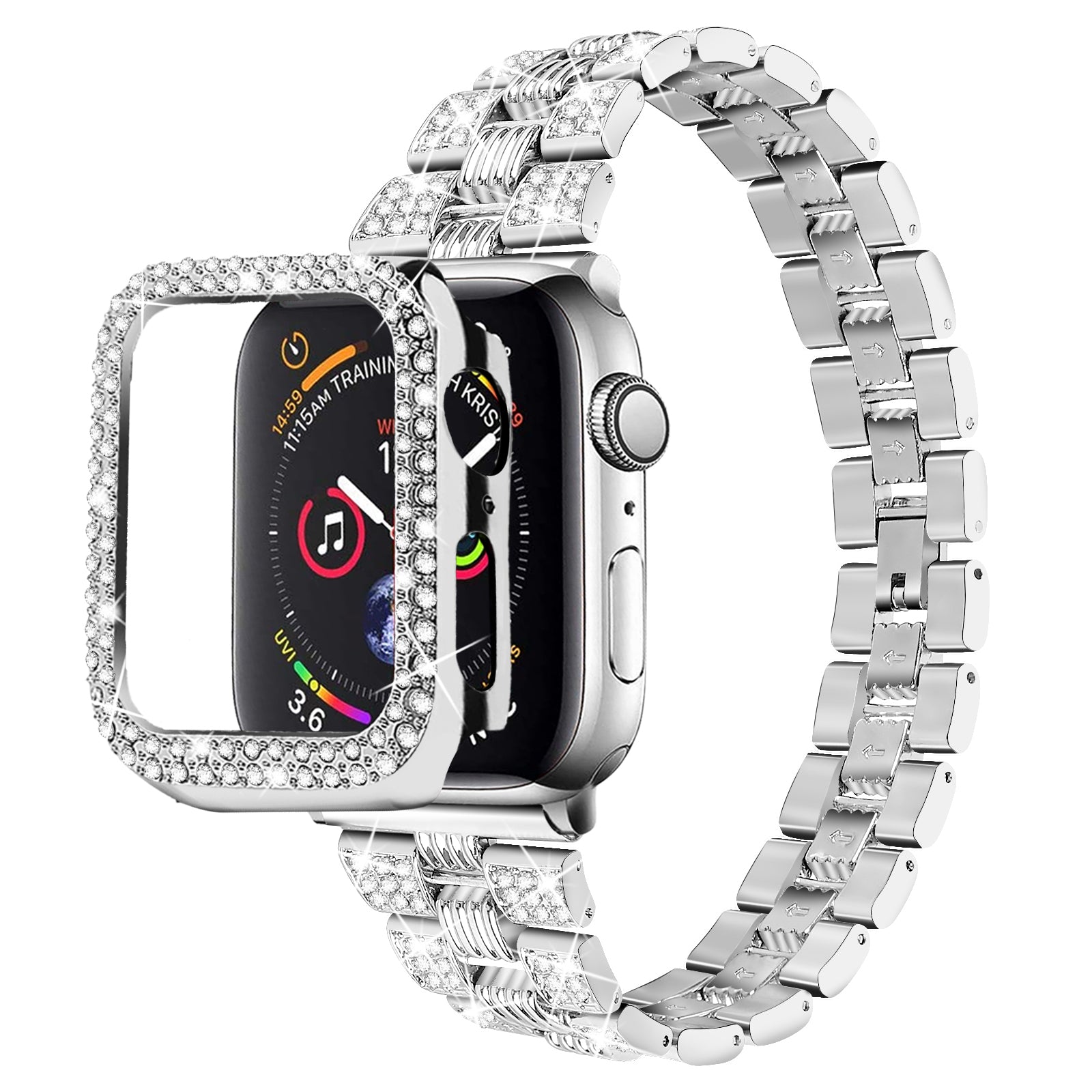 For Apple Watch Series 7 45mm 2-in-1 Design Stainless Steel Rhinestone Thread Watch Strap + Anti-drop Hard PC Watch Case For Apple Watch Series 7 45mm 2-in-1 Design Stainless Steel Rhinestone Thread Watch Strap + Anti-drop Hard PC Watch Case